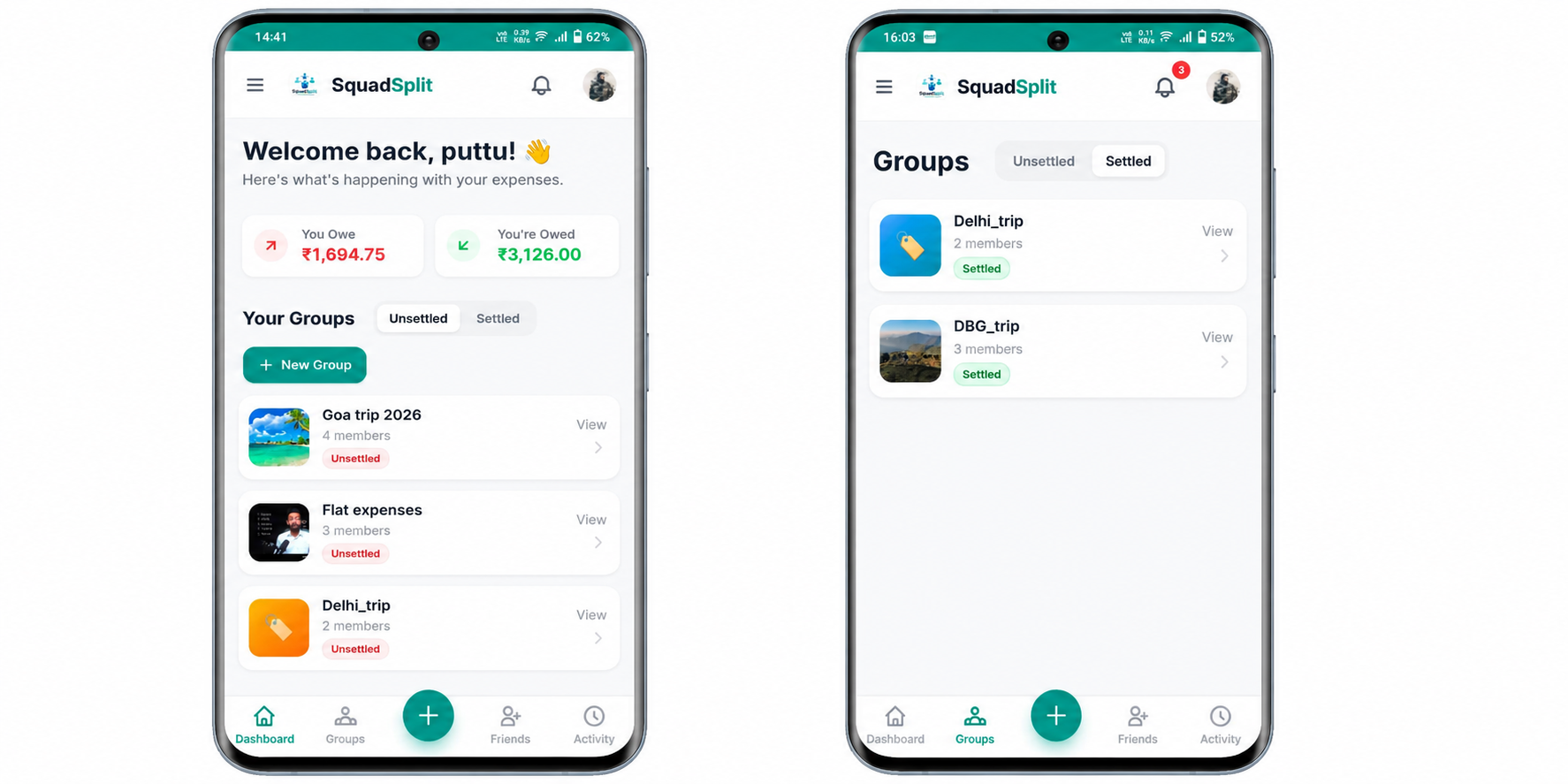 SquadSplit dashboard showing balances and groups