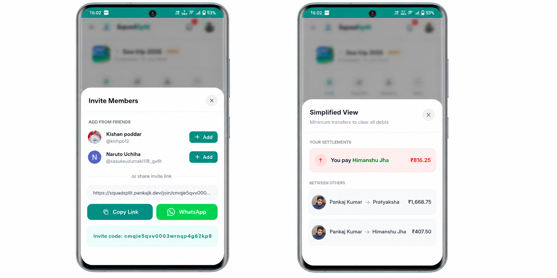 SquadSplit mobile dashboard and group view