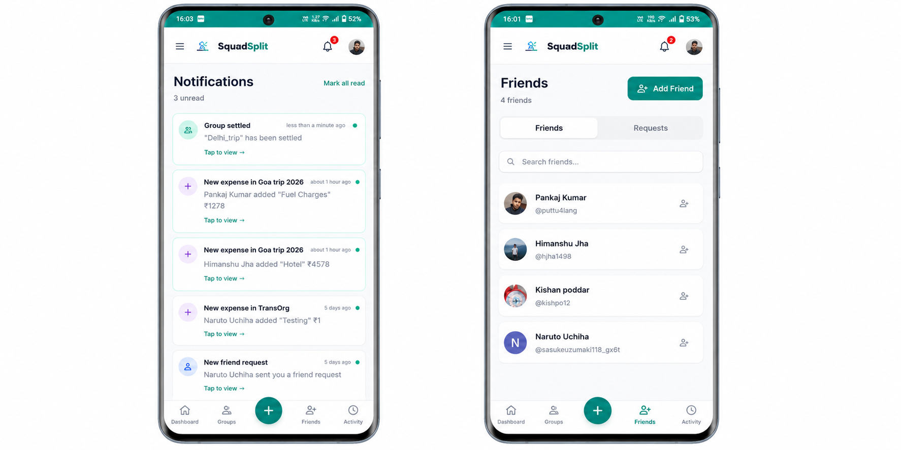 SquadSplit mobile dashboard and group view
